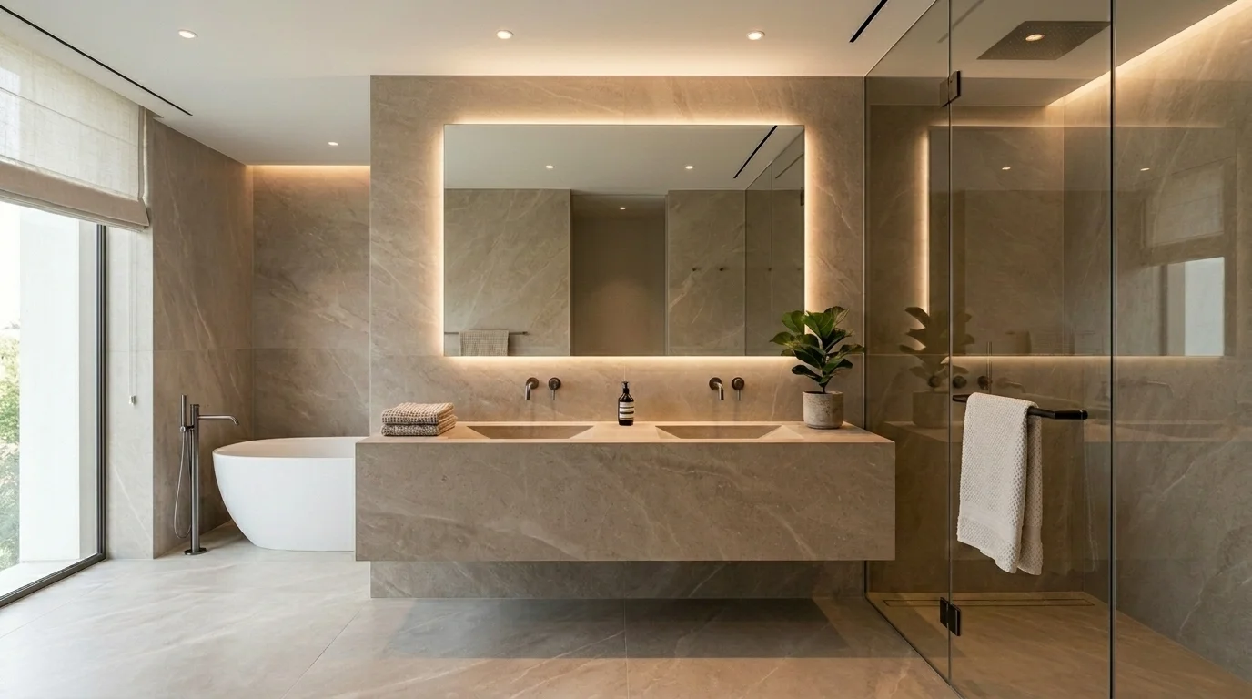 Spa-like master bathroom renovation in Aurora featuring a freestanding tub and glass shower.