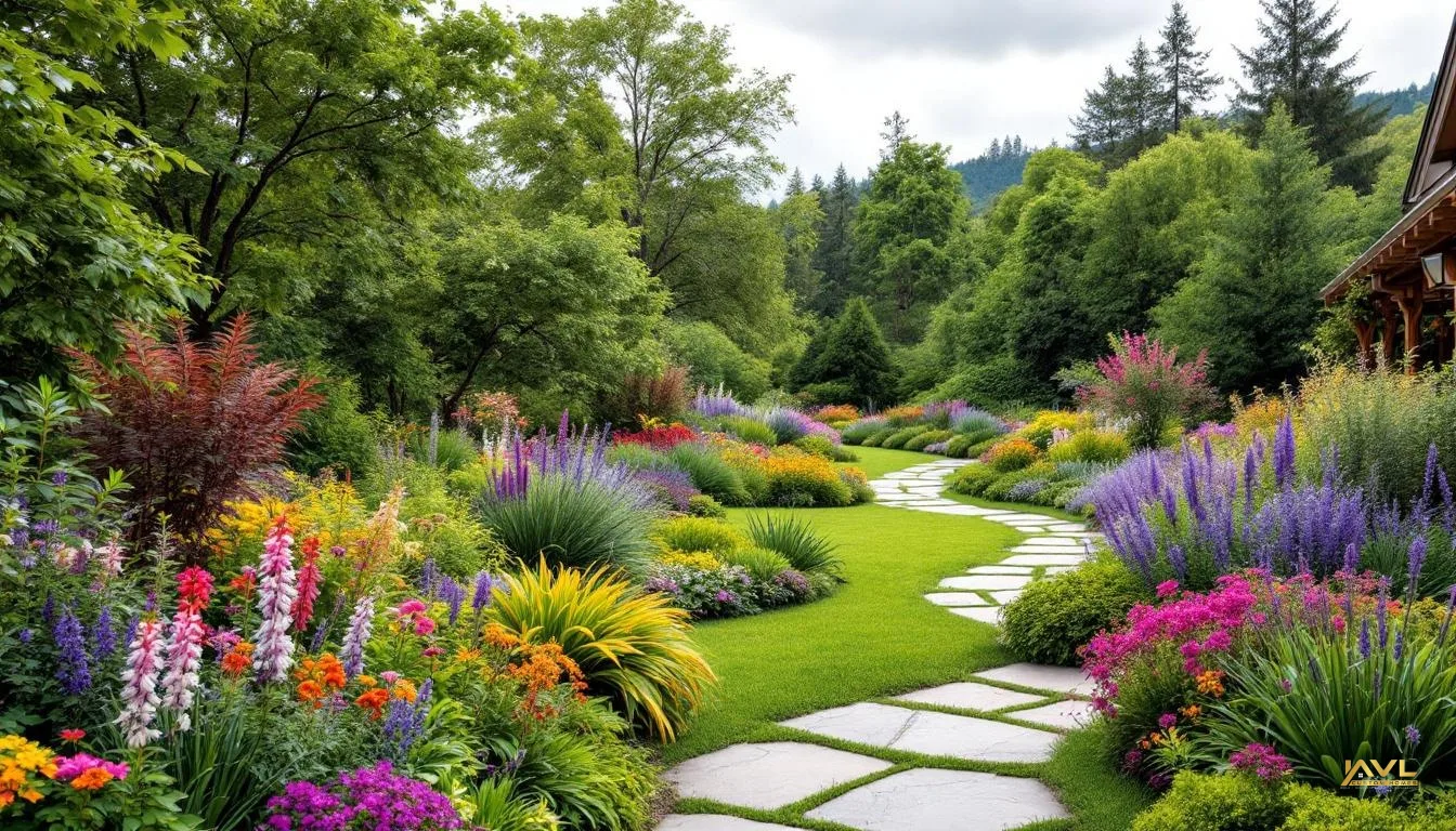 Professional spring landscape in Markham with winding stone path, layered perennial beds, and manicured lawn