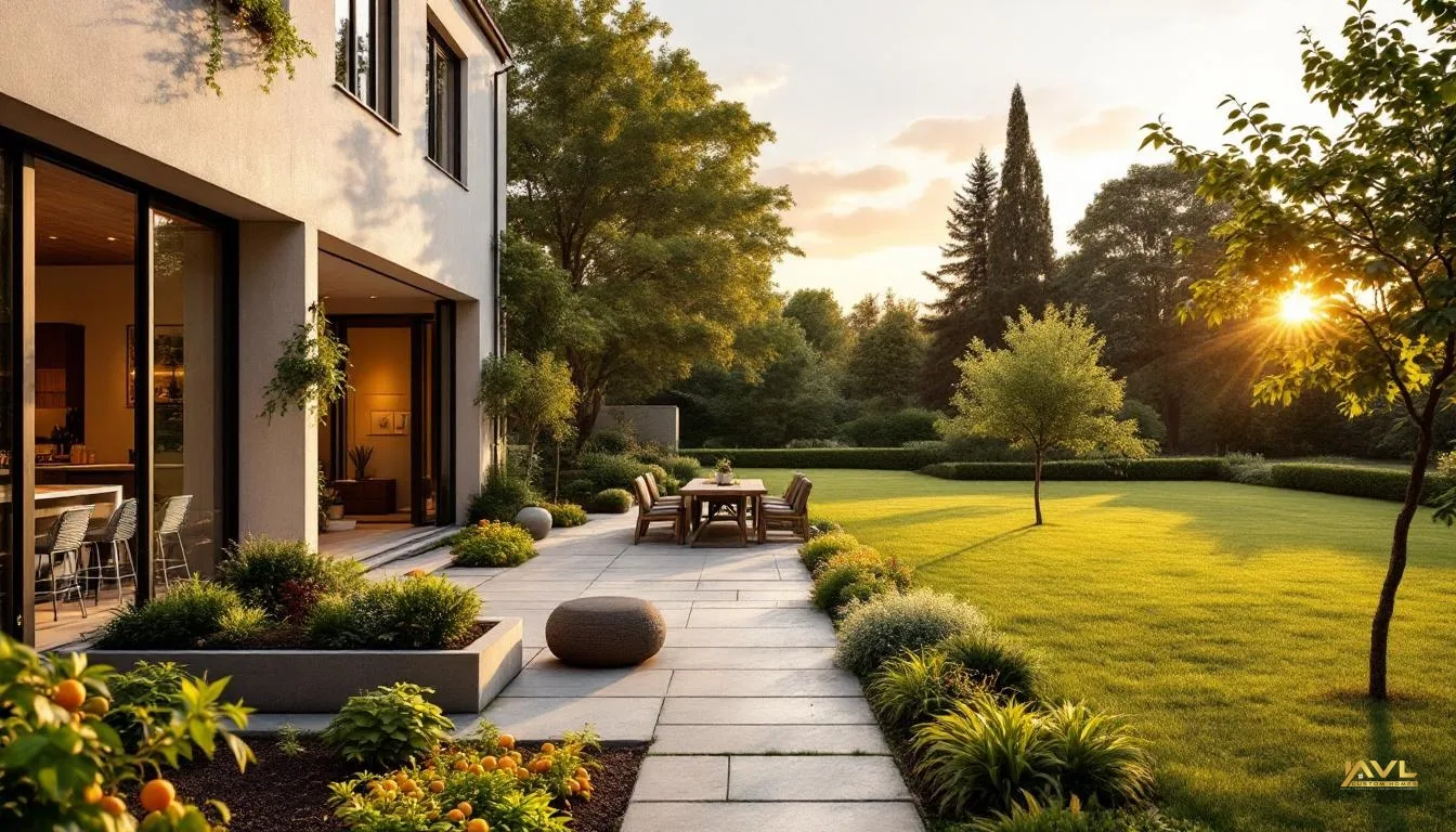 Modern luxury backyard in Markham with stone patio, outdoor dining, and layered softscape at sunset