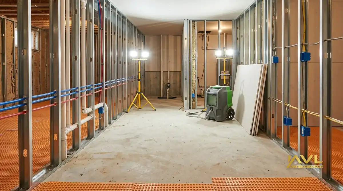 Basement flood reconstruction in the GTA — dehumidifier, rough-in plumbing, and code-compliant rebuild after water loss