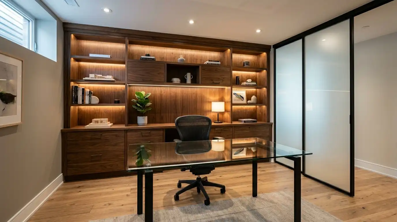 Basement home office renovation with built-in desk, storage, and quiet work zone.