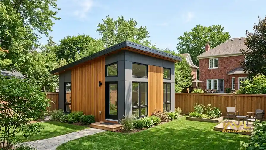 Completed garden suite ADU in a Toronto backyard — detached laneway-style unit by AVL Custom Homes